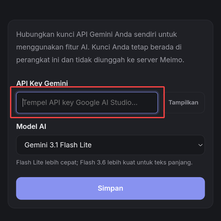 Paste the API key into Meimo